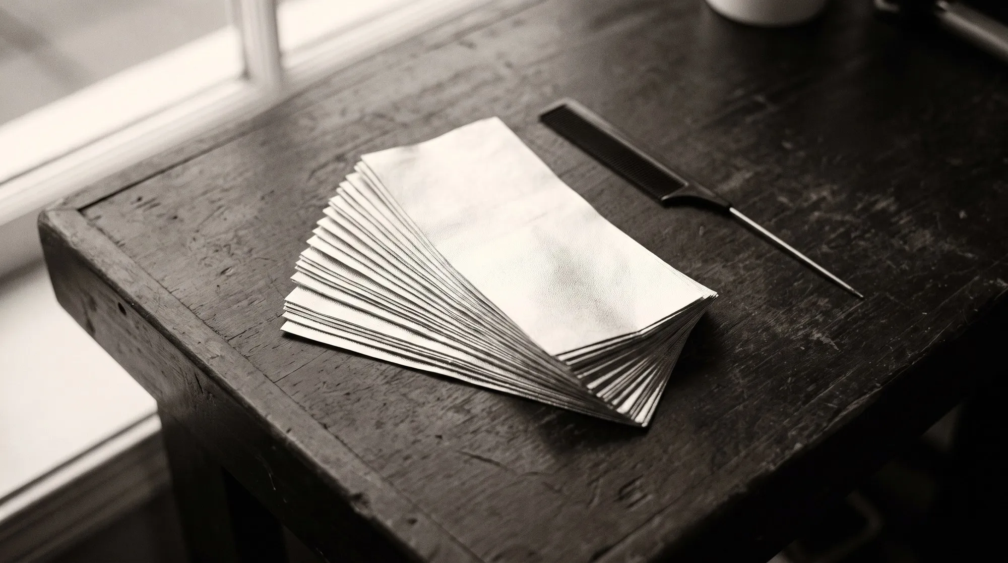 A fanned stack of hairdressing foils and a tail comb on a dark worktop